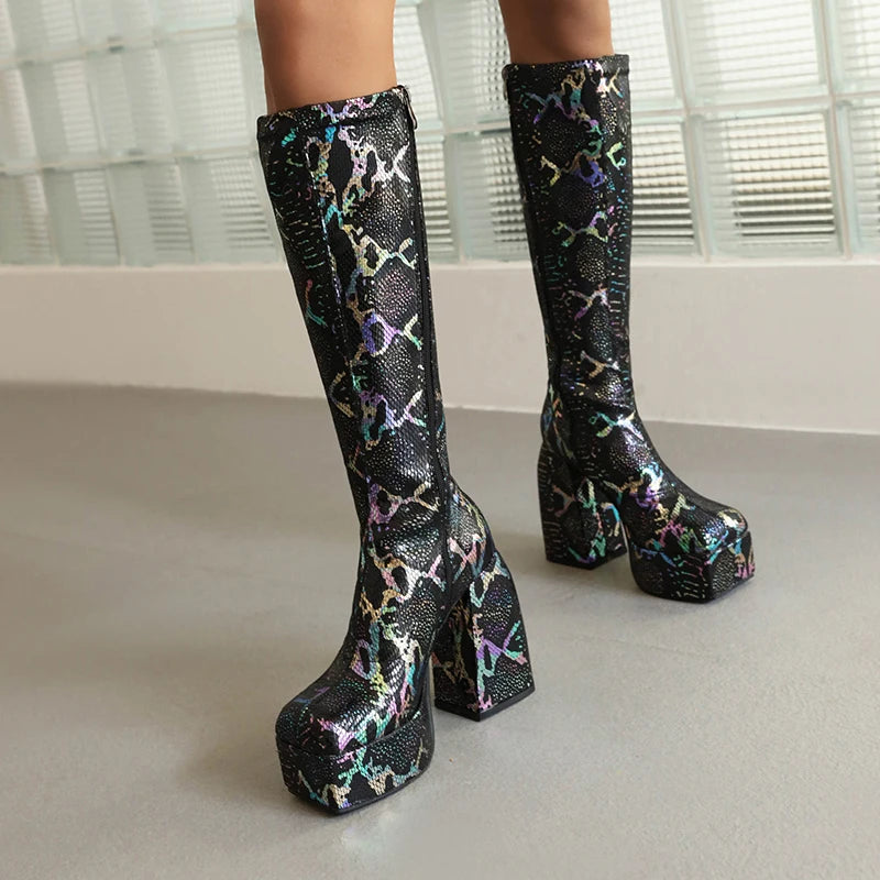 Plus Size Square Toe Platform Super High Thick Heel Snake Print Knee High Boots Popular Zebra Print Side Zipper Women's Boots