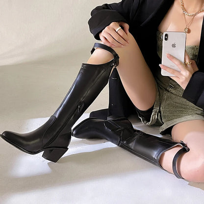 Plus Size Metal Chain Buckle Catwalk Knee Boots Plush Lining Pointed Toe Tapered Chunky Heel Nightclub Performance Sexy Boots