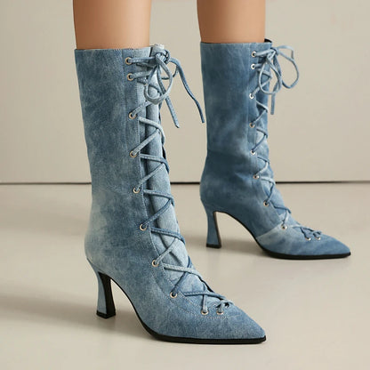 Light Blue Denim Jeans Gothic Shoes for Women Lace-up Cross-tied Pointed Toe Spike High Heels Cowboy Lady Mid-calf Boots Size 48