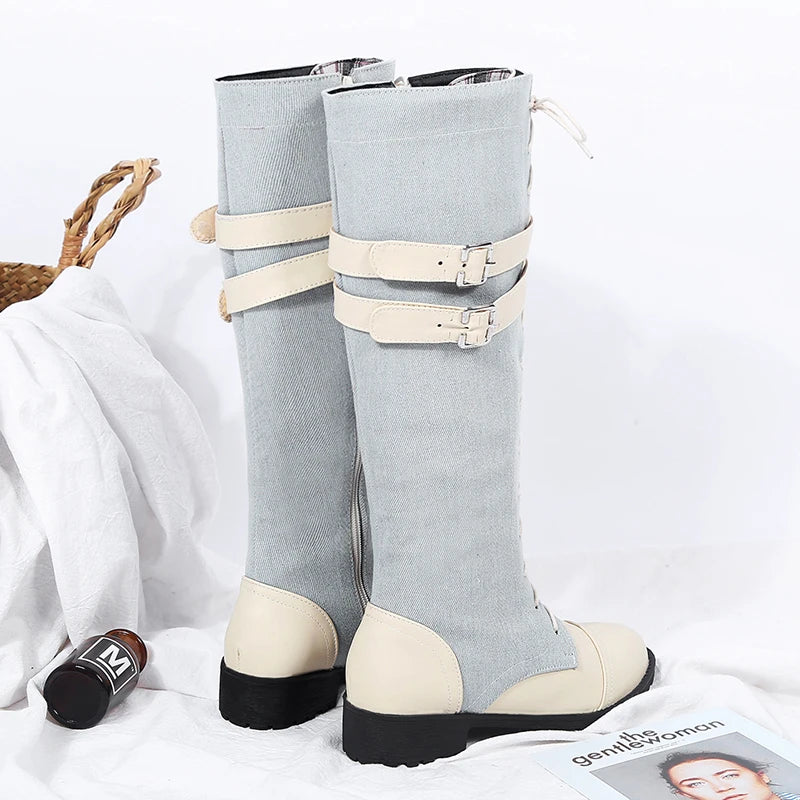 Plus Size Denim Stitched PU Women's Low Heel Knee Boots Cross Lace Calf Double Breasted Buckle Side Zip Plush Lining Women's Boo