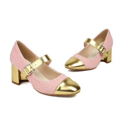 Plus Size 34-48 Gold White Mix Color Patchwork Buckle Belt Luxury Women Pumps Square Chunky High Heeled Shoes Heels Mary Janes