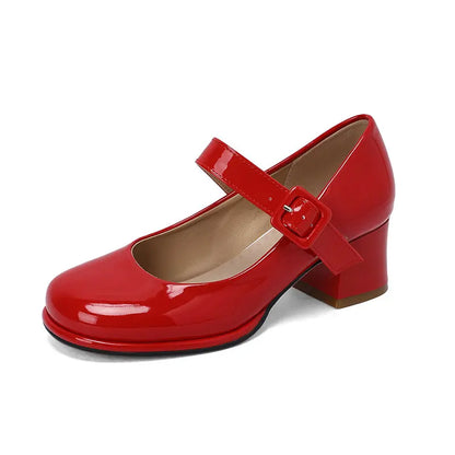 Patent PU Leather Orange Red Closed Toe Women Pumps Big Size 47 48 Mature Lady Office Shoes Buckle Strap Mary Janes Chunky Heels