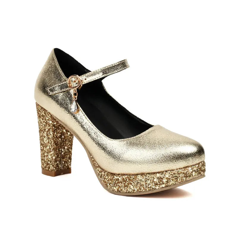 Shiny Golden Silver Red Color Round Toe Women Bridal Shoes Glitter Block High Heels Mary Janes Platform Pumps Big Size 45 46 47