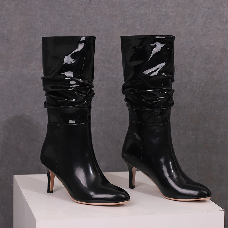 New Sexy Patent Leather Pleated Ankle Boots Ladies Winter