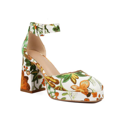 Colorful Flower Print Closed Toe Platform Women Summer Dress Pumps Two Pieces Ankle Wrap Block High Heels Sexy Woman Sandals