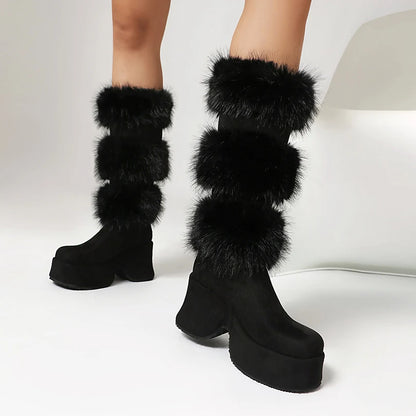 Matte Velvet Patchwork Fur Round Toe Thick Sole Sponge Cake Heel Thick Plush Fur Boots Slip On Height Increasing Knee High Boots