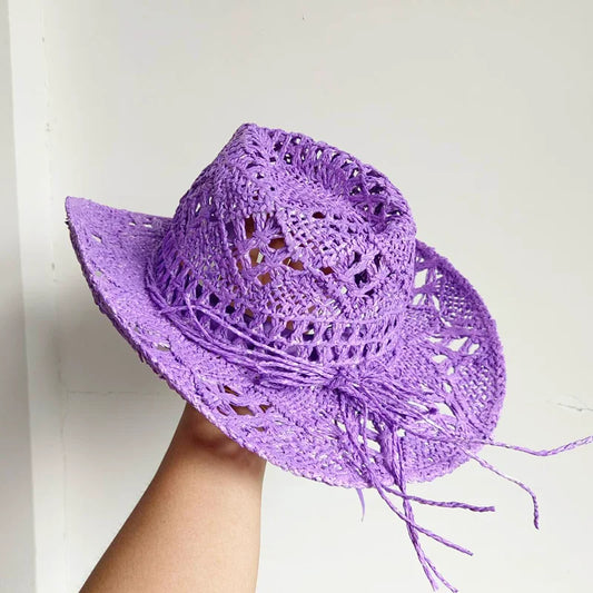 Hand-painted straw cowboy hat lavender woven hollow malan flower men and women summer cowboy straw hat  sombrero vaquero