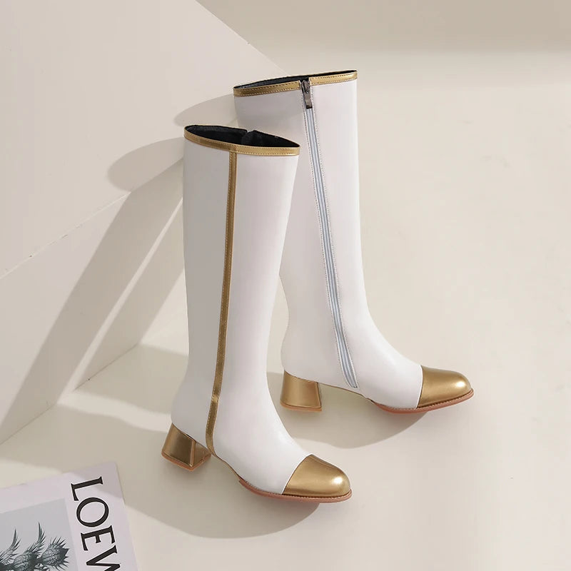 2024 Plus Size Gold Toe Cap National Style Color Blocking Knee High Boots Round Toe Thick Heel Zipper Plush Lining Women's Boots