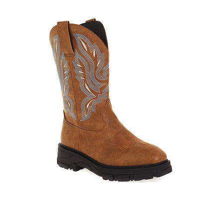 Plus Size Square Stitch Embroidered Women's Western Boots With Thick Soled Sponge Cake And Embroidered Mid Calf Boots