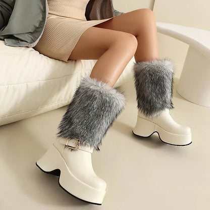 Fur Splicing PU Thick Soled Sponge Cake Heel Ankle Metal Belt Buckle Thick Plush Mid-calf Boots Height Increasing Snow Boots