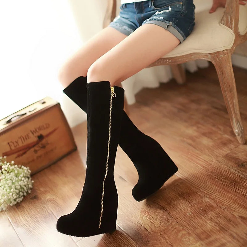 Frosted Flock Material Lamb Thick Plush Warm Long Boots Flat Bottom Slope Heel Side Zipper Women's Knee-High Boots 2024