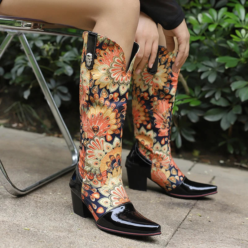 Plus Size Pointed High Heel Printed Fabric With Glossy Patent Leather Metal Buckle Decoration For Women's Knee Length Boots