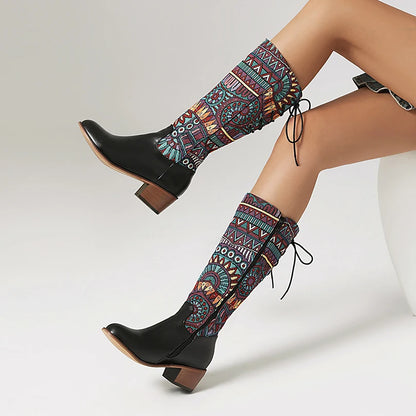 Plus Size Ethnic Style Pattern Printed Fabric Splicing PU Long Boots Cross Tie Straps Zippers Wood Grain Thick Heel Knee Boots