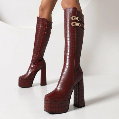 Metal Decorative Buckle High Platform Punk Style Women's Knee Boots Striped Square Toe Super High Thick Heel Side Zippered Boots