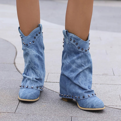 Boots With Wood Grain Thick Heels Slip-On Ankle Boots