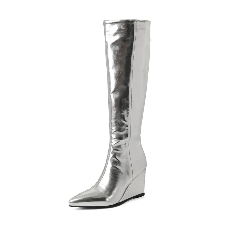 Plus Size Flat Bottomed Sloping Silver Women's Knee High Boots With Pointed Plush Lining And Side Zipper Silver Boots