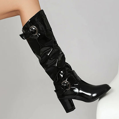 Round Toe Thick Heel Lacquered Leather Upper Side Zipper Knee High Boots Double Row Circular Metal Belt Buckle Breathable Boots