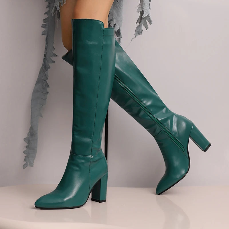 Plus Size Shiny Patent Leather Material Pointed Ultra-High Thick Heel Knee High Boots Sewing Plush Interior Sexy Style Boots