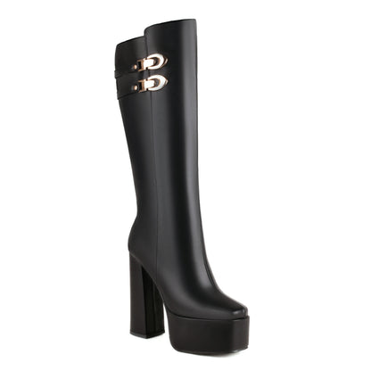 Double Row Metal Decorative Belt Buckle High Platform Punk Style Women's Knee High Boots Side Zipper High Thick Heels Long Boots