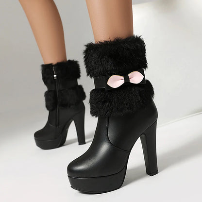 Fur Splicing PU Bow Side Zipper Winter Snow Boots Round Toe Platform Ultra-High Thick Heel Winter New Warm Mid-Calf Boots