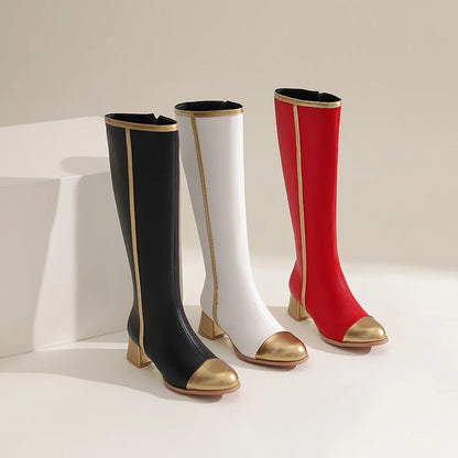 2024 Plus Size Gold Toe Cap National Style Color Blocking Knee High Boots Round Toe Thick Heel Zipper Plush Lining Women's Boots