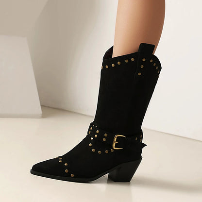 Plus Size Rivet Frosted Velvet Western Boots Pointed Cone Thick Heel Ankle Metal Belt Buckle Slip On Mid-Calf Boots Knight Boots