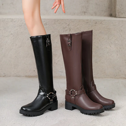 Non Slip Rubber Thick Heel Side Zipper Metal Belt Buckle Rivet Knight Boots Breathable Microfiber Lining Women's Knee High Boots