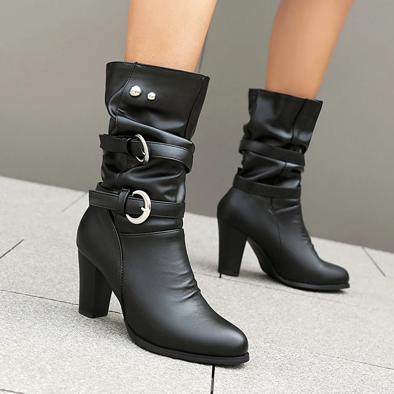 Plus Size Double Row Round Metal Buckle Plush Inner Lining Western Boots Ultra-High Thick Heels Slip-On Women's Mid-Calf boots