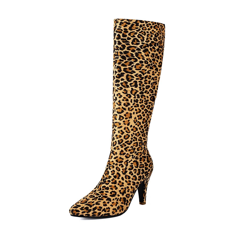 Plus Size Leopard Print Frosted Flock Women's Knee High Boots Pointed Ultra High Thin Heel Plush Interior Side Zipper Long Boots