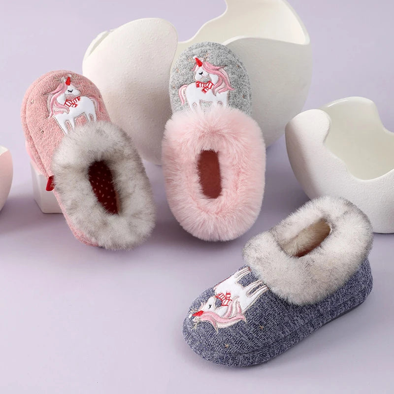 Evshine Children Winter Warm Plush Cotton Shoes Lovely Animals Fur Fuzzy Home Slippers Indoor Anti-slip Comfortable Furry Slides