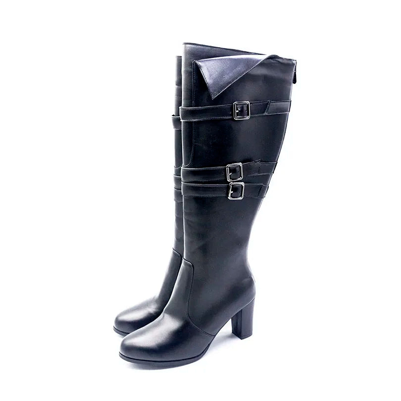 Plus Size Three Row Buckle Round Toe Thick Heel Zipper Women's Knee Length Boots With Breathable Microfiber Lining Knight Boots