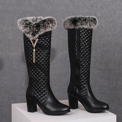 Plus Size Fur Raised Checker Pattern Women's Knee Length Boots Thick Heel Thick Plush Inner Metal Chain Pearl Snow Boots