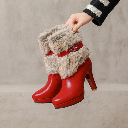 Fur Splicing PU Ultra-High Thick Heel Metal Belt Buckle Zipper Elegant Women's Mid-Calf Boots Round Toe Platform Noble Boots