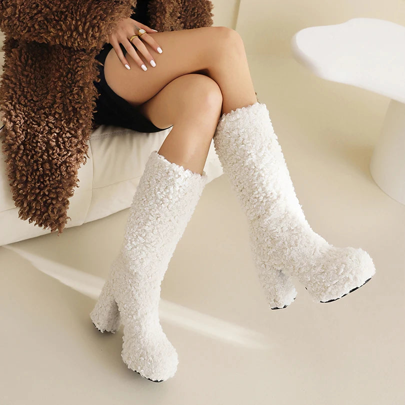 Ultra-High Profiled Thick Heel Caddice Material Women's Knee-High Boots Sheep Shearing Waterproof Platform Winter Warm Boots