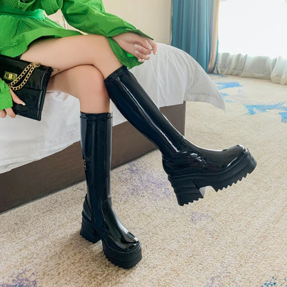 Bright Patent Leather Material Square Toe Super High Thick Bottom Zipper Women's Knee High Waterproof Platform Warm Boots