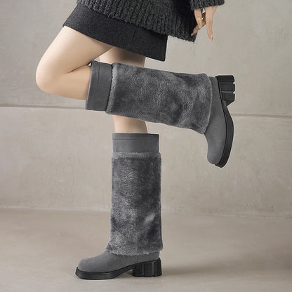 Fur Patchwork Frosted Velvet Thick Heel Round Toe Snow Boots Thick Sole Platform For Increased Warmth Women's Knee High Boots