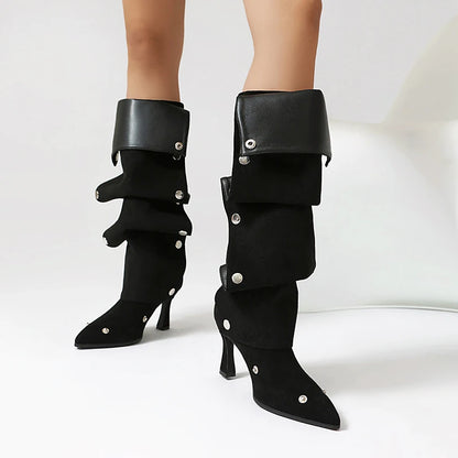 Plus Size Pleated Wave Frosted Leather Material Rivet Fashion Knee High Boots Pointed Ultra Hollow Shaped Heels Sexy Boots