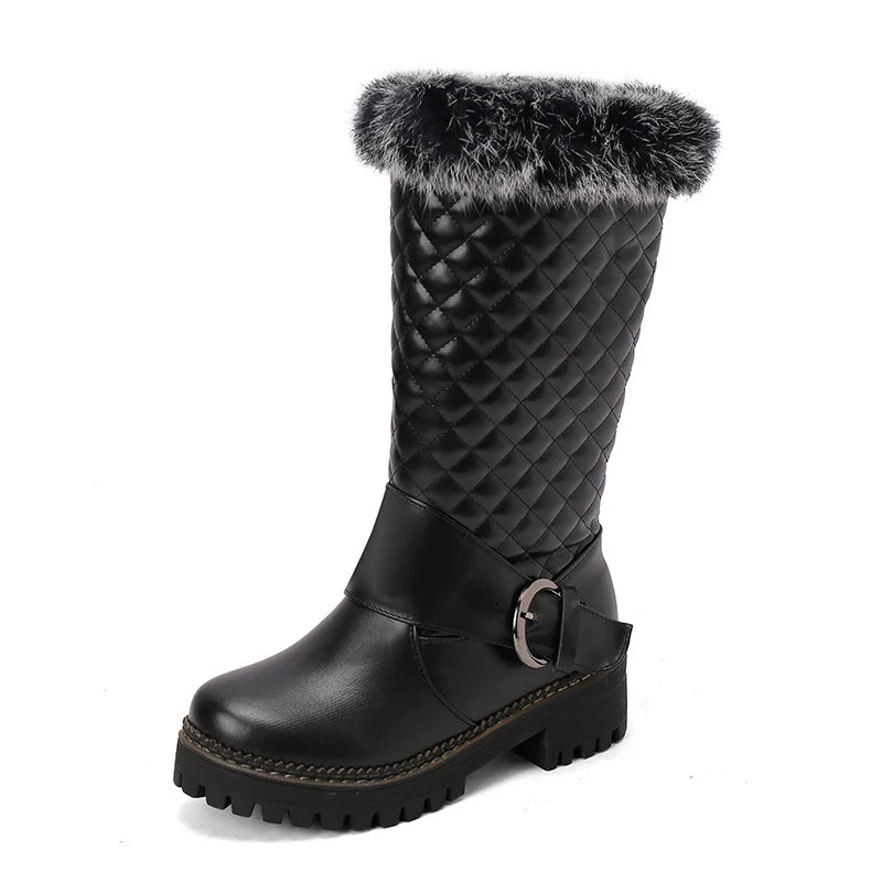 Fur Metal Belt Buckle Plush Inner Mid-Calf Boots