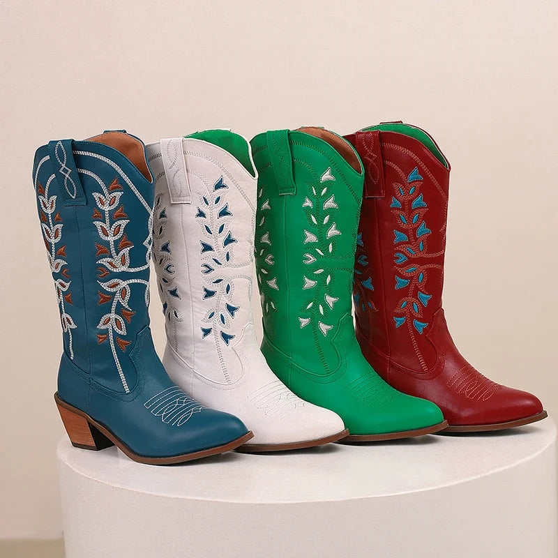 Green White Navy Blue Embroidery Chunky High Heels Women Shoes Big Size 47 48 290 Foot Length Western Punk Gothic Mid-calf Boots