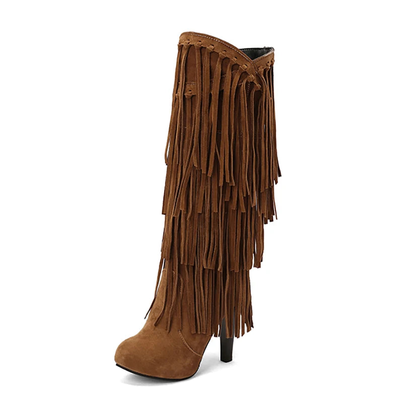 New High-Heeled V-Neck Fringed Women's Boots