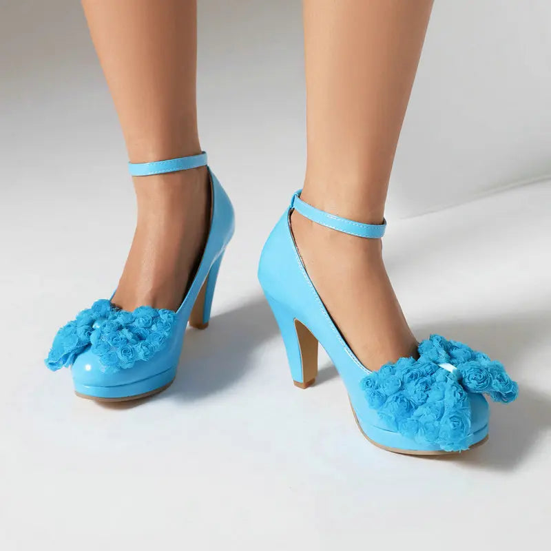 Plus Size 34-48 Bright Yellow Blue Round Toe Lady Mary Janes Shoes Spike High Heels Stiletto Women Pumps With Lace Flower Bowtie