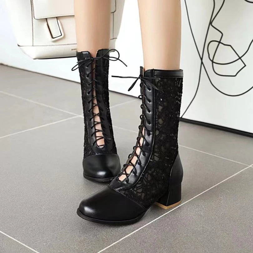 Weave Hollow Lace Patchwork Pu Cross Tie Summer Breathable Mid Length Boots With Round Toe Thick Heels Summer Cool Boots