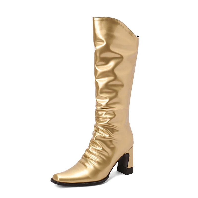 Plus Size Shiny Patent Leather Square toe Profiled High Heel Knee High Boots Plush Inner Back Zipper Pleated Gold Fashion Boots