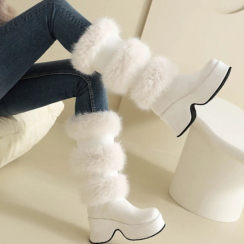 Matte Velvet Patchwork Fur Round Toe Thick Sole Sponge Cake Heel Thick Plush Fur Boots Slip On Height Increasing Knee High Boots