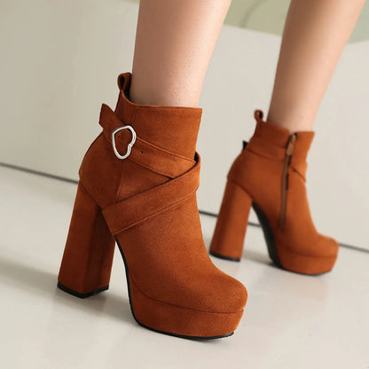 Cross Thin Heart-Shaped Metal Decoration Cow Suede Women's Short Boots Platform High Thick Heel Side Zipper New Ankle Boots