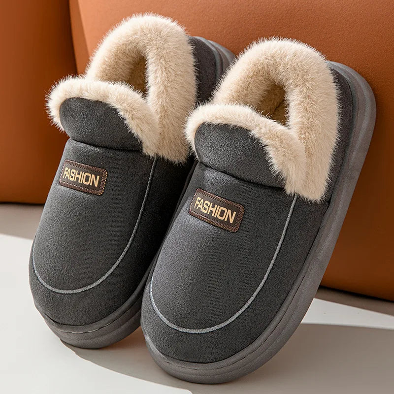 Evshine Warm Furry House Cotton Slippers For Women Men Winter Outdoor Plush Lined Cotton Shoe Indoor Antiskid Cozy Fluffy Slides