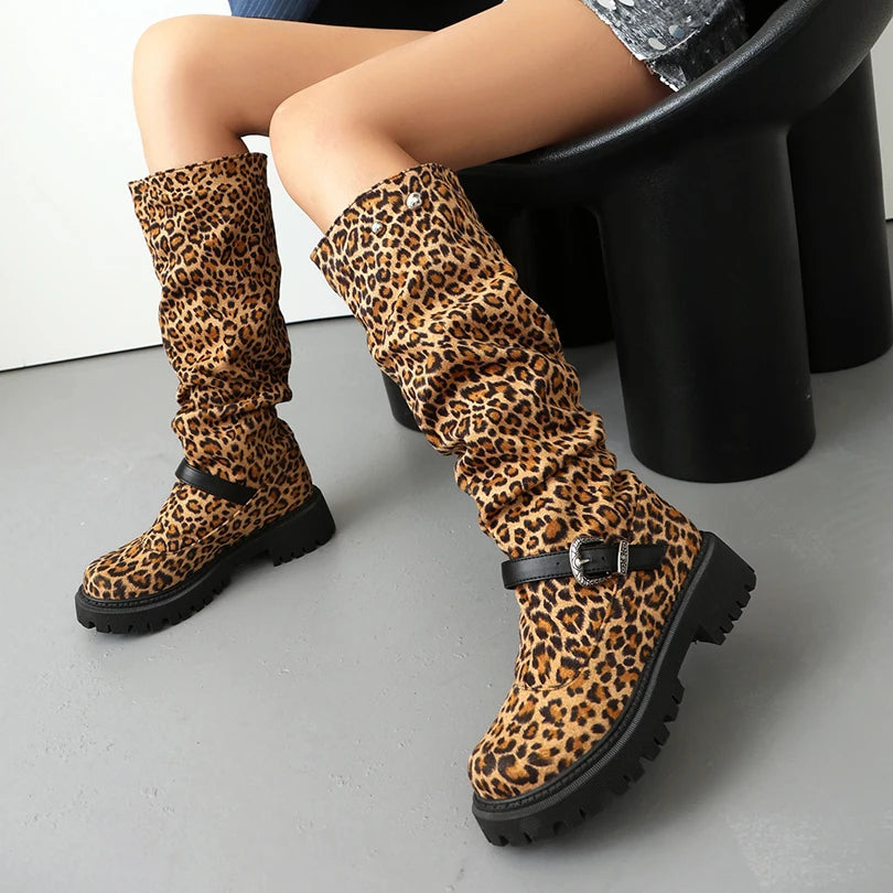 Red Flower Pattern Rivet Metal Belt Buckle Women's Knee High Boots Round Toe Thick Heel Waterproof Table Leopard Print Boots