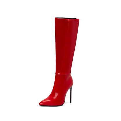 Glossy Patent Leather Pointed Toe Super Stiletto Sexy Women's Knee Boots Plus Size Zipper Plush Lining Slip-On 2022 Winter Shoes