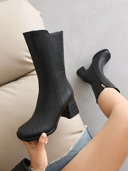 Stone Stripe Square Flat Toe Side Zipper Mid Boot Short Plush Inner Heel Concise Style Street Women's Mid-Calf Boots 2023