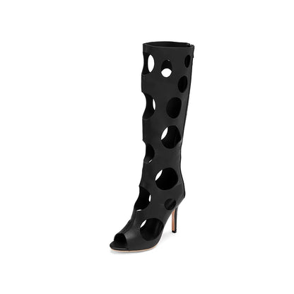 Plus Size Ultra-High Slim Heel Hollowed Circular Hole Back Zipper For Breathable Cool Knee Boots Roman Style Summer Sexy Boots